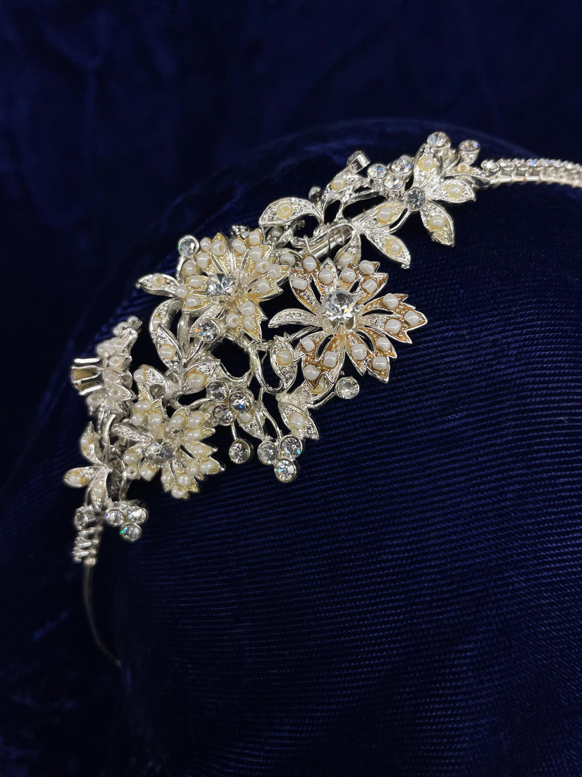 Rhinestone Pearl Floral Headband, Asymmetric Bridal Tiara, Wedding Prom Accessory