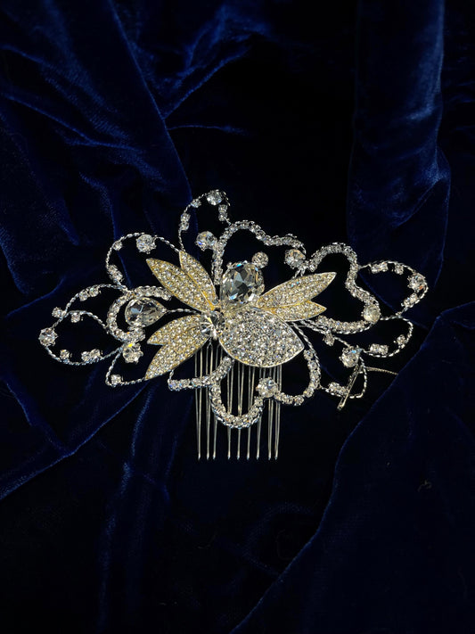 Silver and crystal vintage Jessica McClintock floral hair comb and brooch for wedding, prom, special occasions, bridesmaid hair accessory.