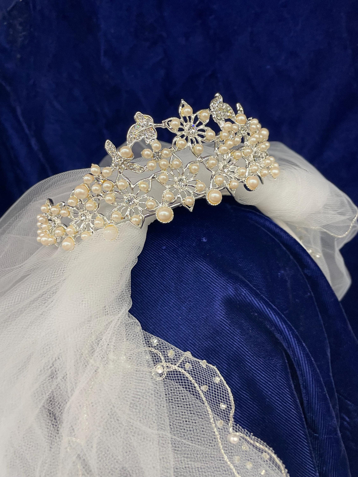 Rhinestone Pearl Flower Tiara, Bridal Quinceañera Formal Occasion Headpiece