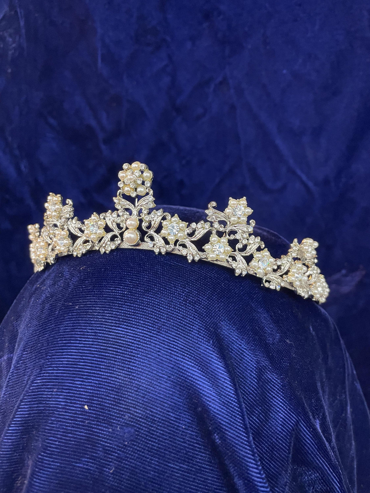 Regal bridal tiara, crystal rhinestone and pearl floral design tiara