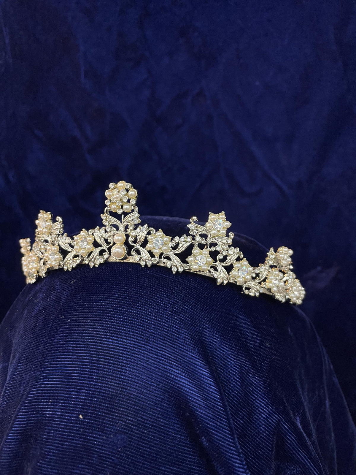 Regal bridal tiara, crystal rhinestone and pearl floral design tiara