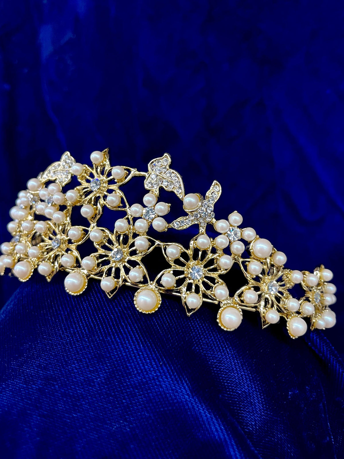 Rhinestone Pearl Flower Tiara, Bridal Quinceañera Formal Occasion Headpiece