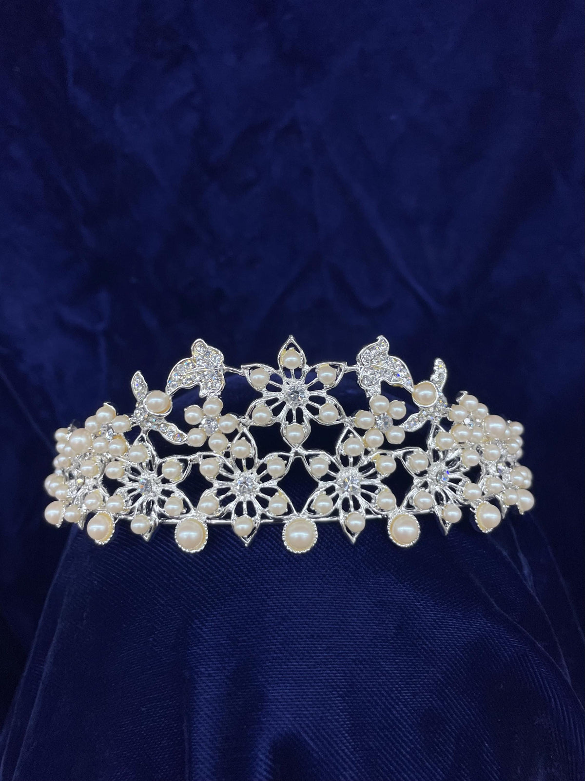 Rhinestone Pearl Flower Tiara, Bridal Quinceañera Formal Occasion Headpiece