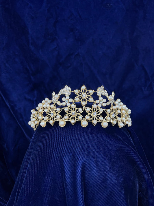 Rhinestone Pearl Flower Tiara, Bridal Quinceañera Formal Occasion Headpiece